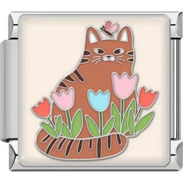 Brown tabby cat sitting among red, pink, and blue tulips with green leaves, with a pink butterfly above its head, on a cream background Italian charm bracelet link