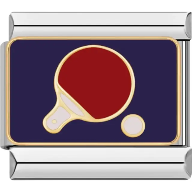 Gold-outlined table tennis paddle with a red face and white ball on a blue background Italian charm bracelet link
