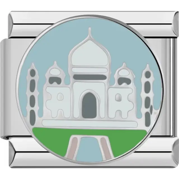 Taj Mahal design in white with a light blue sky and green grass Italian charm bracelet link