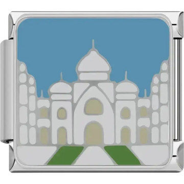 Blue charm featuring the Taj Mahal with white domes and green pathways Italian charm bracelet link