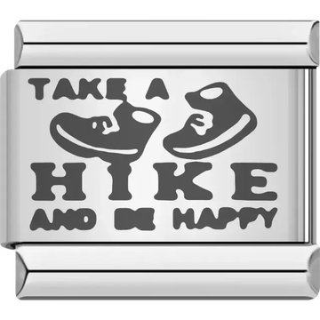 Black "TAKE A HIKE AND BE HAPPY" text with boot design Italian charm bracelet link