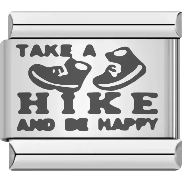 Black "TAKE A HIKE AND BE HAPPY" text with boot design Italian charm bracelet link