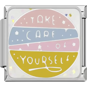 Pastel pink, blue, and yellow circular "Take Care of Yourself" text with star accents Italian charm bracelet link