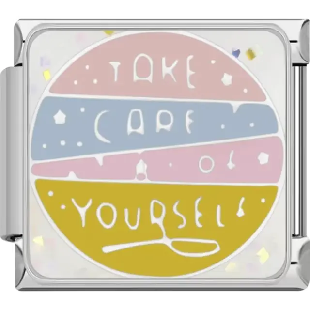 Pastel pink, blue, and yellow circular "Take Care of Yourself" text with star accents Italian charm bracelet link
