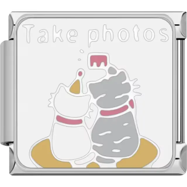 Two cats with gray and white fur and golden accents with the text "Take photos" on a white background Italian charm bracelet link