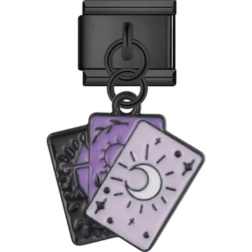 Three dangling tarot cards with crescent moon sun and leaf designs in black purple and lavender Italian charm bracelet link