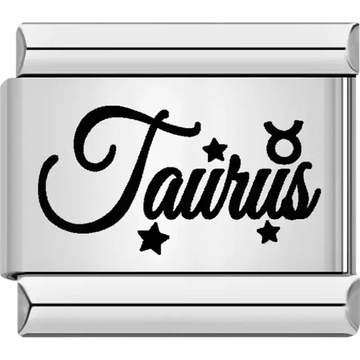Black "Taurus" text with Taurus symbol and star accents Italian charm bracelet link