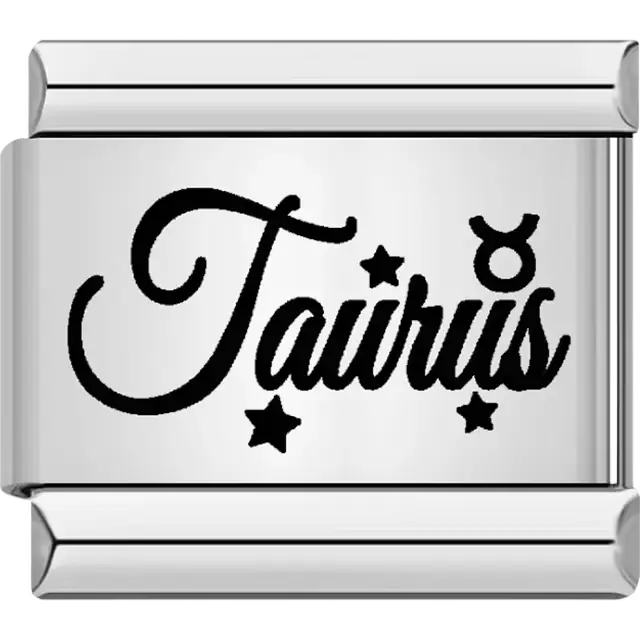 Black "Taurus" text with Taurus symbol and star accents Italian charm bracelet link