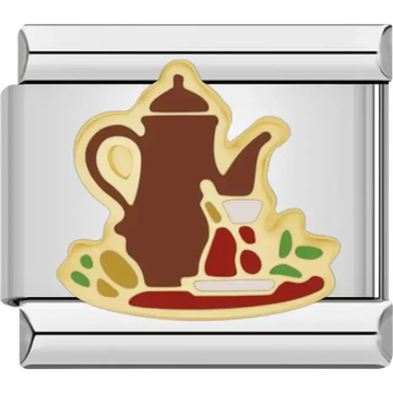 Brown teapot with a glass of tea, surrounded by decorative green and yellow accents Italian charm bracelet link