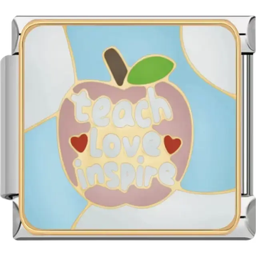 Apple design with "Teach Love Inspire" text and heart accents on a blue background Italian charm bracelet link