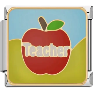 Red apple design with "Teacher" text on a green and blue background Italian charm bracelet link