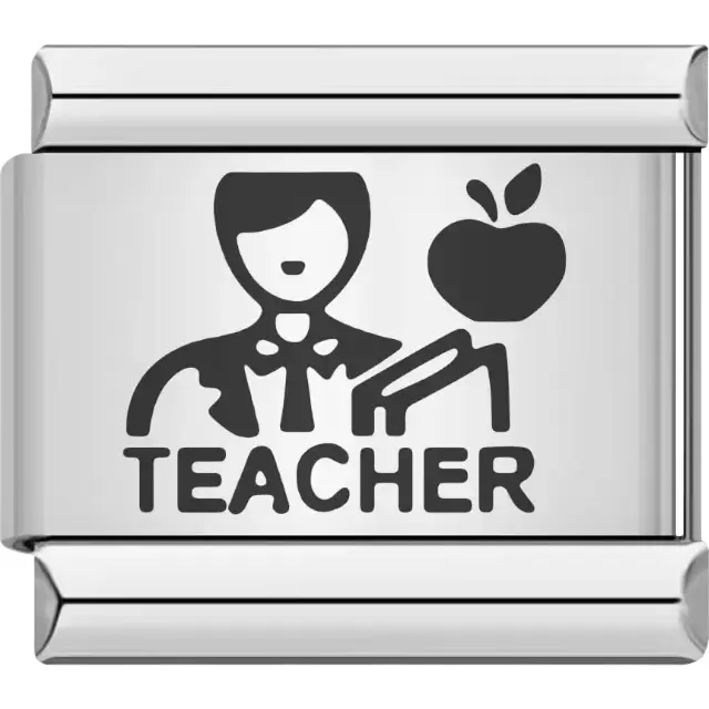 Black teacher figure with apple and book above bold "TEACHER" text Italian charm bracelet link