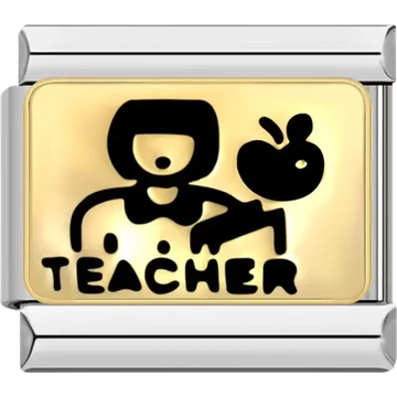 "TEACHER" text with a whimsical blackboard-style design and apple graphic Italian charm bracelet link