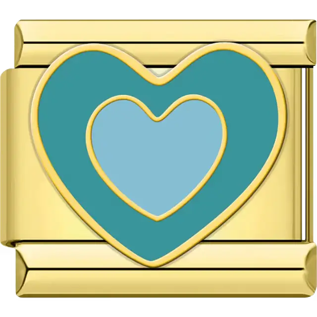 Light blue heart inside a teal heart with gold outline Italian charm bracelet link