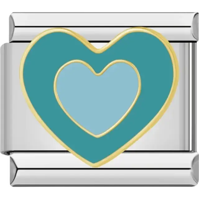 Light blue heart inside a teal heart with gold outline Italian charm bracelet link