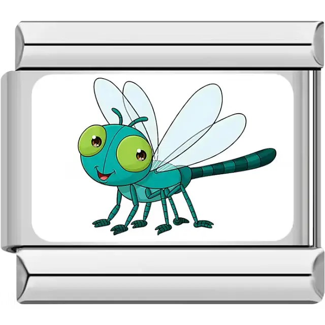 Cartoon teal dragonfly with light blue wings Italian charm bracelet link