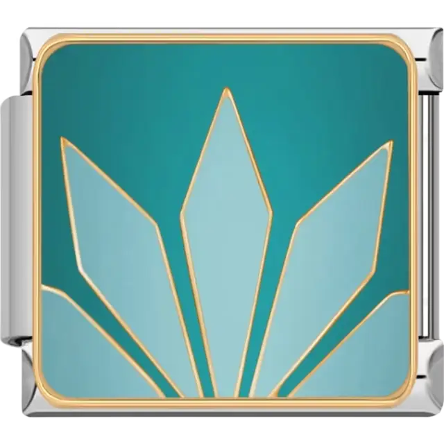 Teal background with gold-outlined geometric fan pattern Italian charm bracelet link