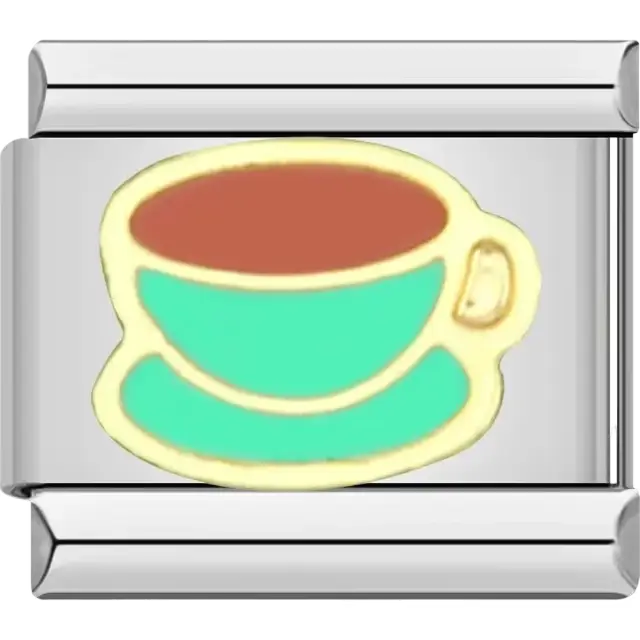 Teal teacup design with coffee detail Italian charm bracelet link