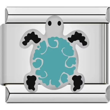 White turtle with teal shell pattern and black flippers Italian charm bracelet link