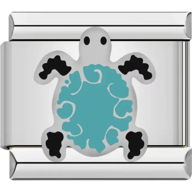 White turtle with teal shell pattern and black flippers Italian charm bracelet link