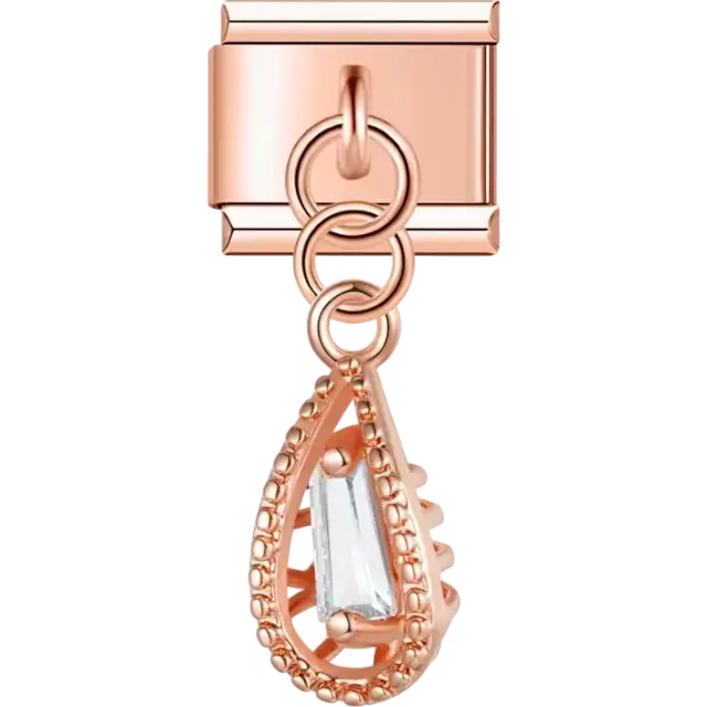 Teardrop dangle charm with a clear rectangular crystal and beaded edge Italian charm bracelet link