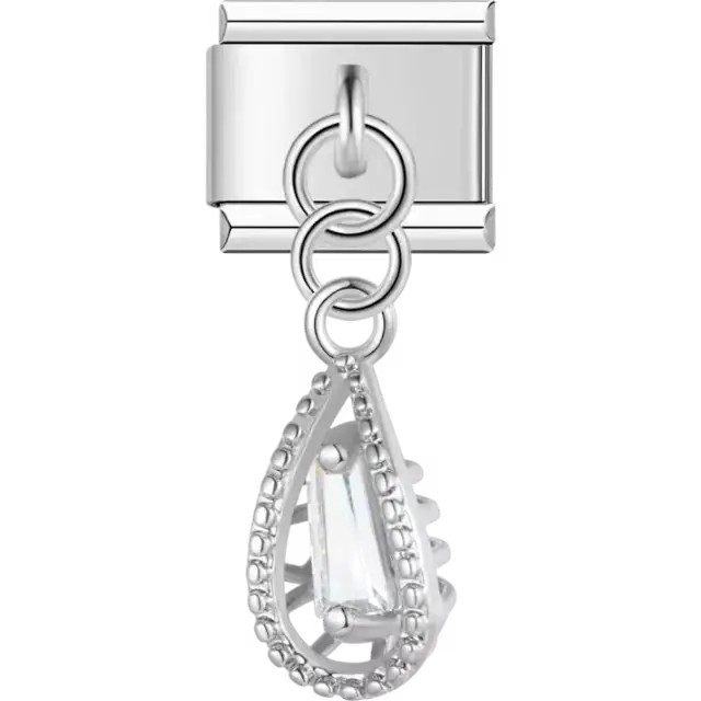 Teardrop dangle charm with a clear rectangular crystal and beaded edge Italian charm bracelet link
