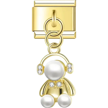 Teddy bear-shaped dangle with pearl-like accents and crystal details Italian charm bracelet link