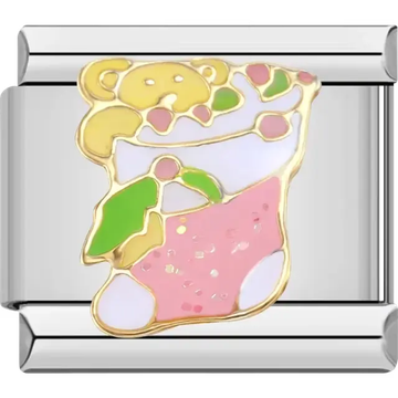 Teddy bear design in a pink green and gold Christmas stocking Italian charm bracelet link