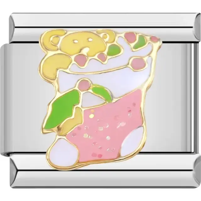 Teddy bear design in a pink green and gold Christmas stocking Italian charm bracelet link