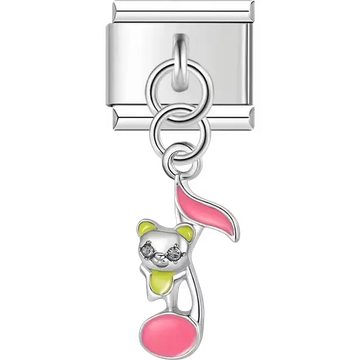 Pink musical note with teddy bear face and yellow ears dangle Italian charm bracelet link