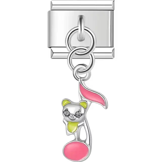 Pink musical note with teddy bear face and yellow ears dangle Italian charm bracelet link