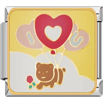 Smiling teddy bear holding flowers with pink and red heart-shaped balloons on yellow background Italian charm bracelet link