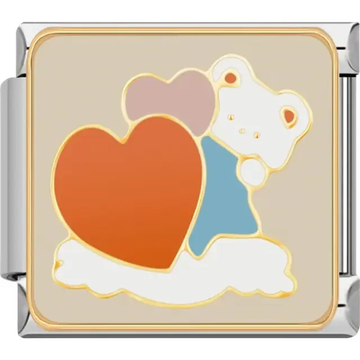 White teddy bear with a blue outfit holding two hearts Italian charm bracelet link