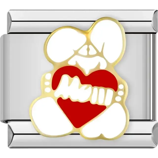 Teddy bear design holding a red heart with "Mom" text and gold and white details Italian charm bracelet link