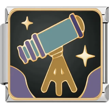 Gold telescope with tripod on black background surrounded by stars Italian charm bracelet link