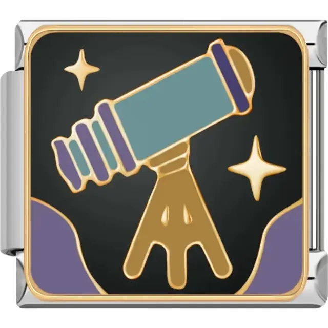 Gold telescope with tripod on black background surrounded by stars Italian charm bracelet link