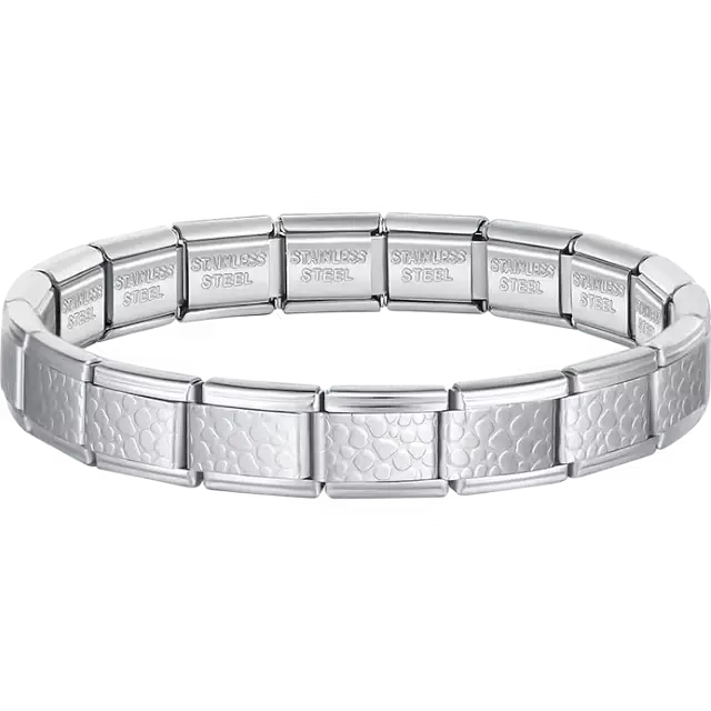 Textured link charms composing stainless steel Italian bracelet