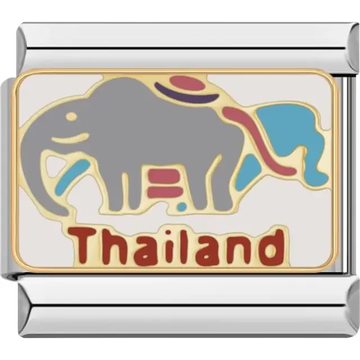 Gray elephant with blue red and gold details and Thailand text Italian charm bracelet link
