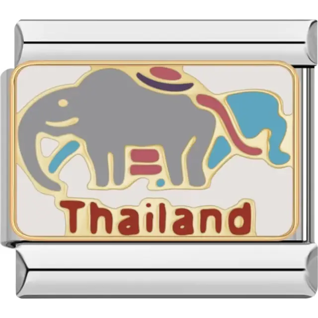 Gray elephant with blue red and gold details and Thailand text Italian charm bracelet link