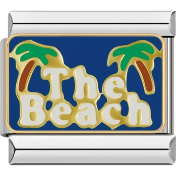 "The Beach" text and green palm tree design Italian charm bracelet link