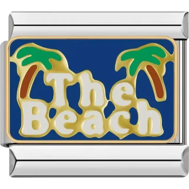 "The Beach" text and green palm tree design Italian charm bracelet link