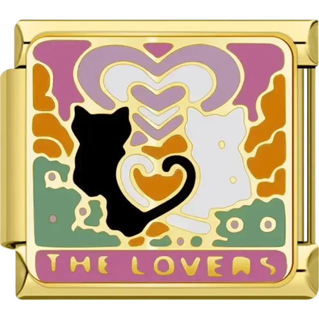 Gold black and white cats with heart design and colorful accents on a rectangular background with “The Lovers” text Italian charm bracelet link
