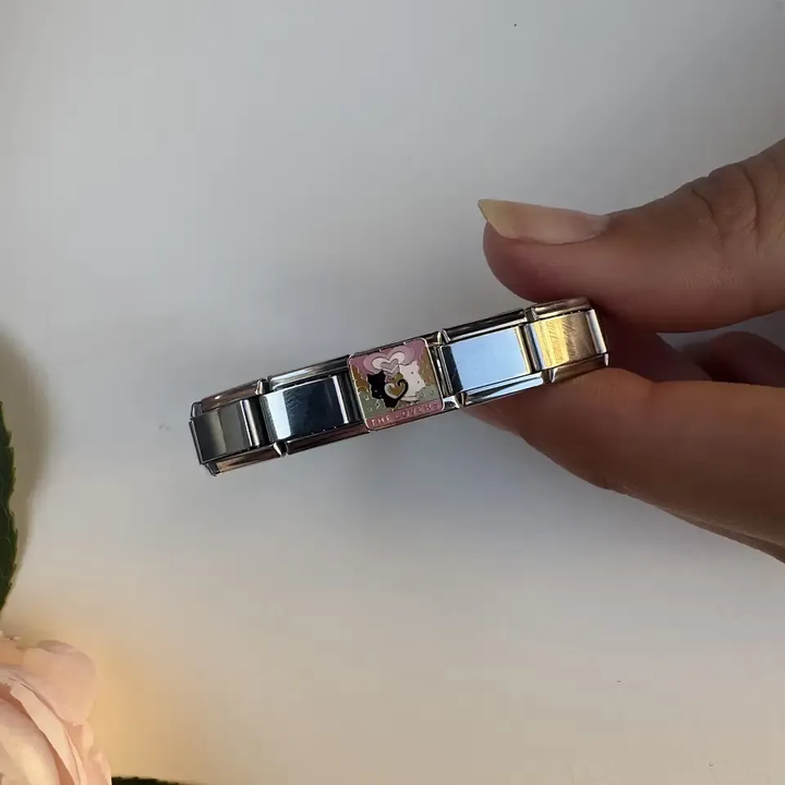 Gold black and white cats with heart design and colorful accents on a rectangular background with “The Lovers” text Italian charm bracelet link