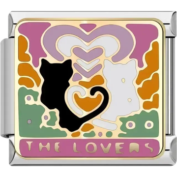 Gold black and white cats with heart design and colorful accents on a rectangular background with “The Lovers” text Italian charm bracelet link