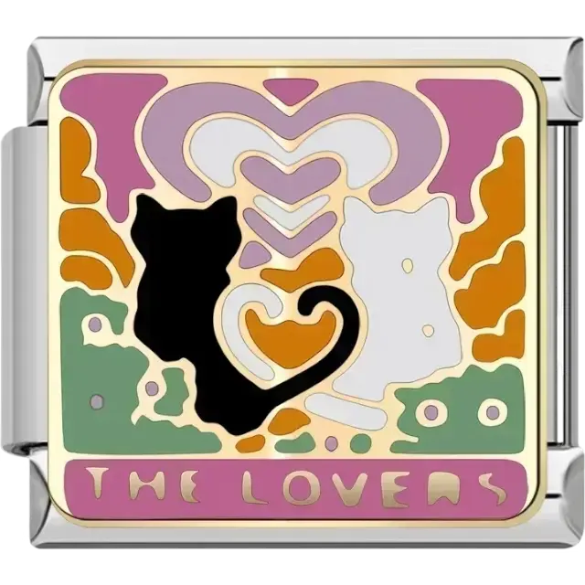 Gold black and white cats with heart design and colorful accents on a rectangular background with “The Lovers” text Italian charm bracelet link