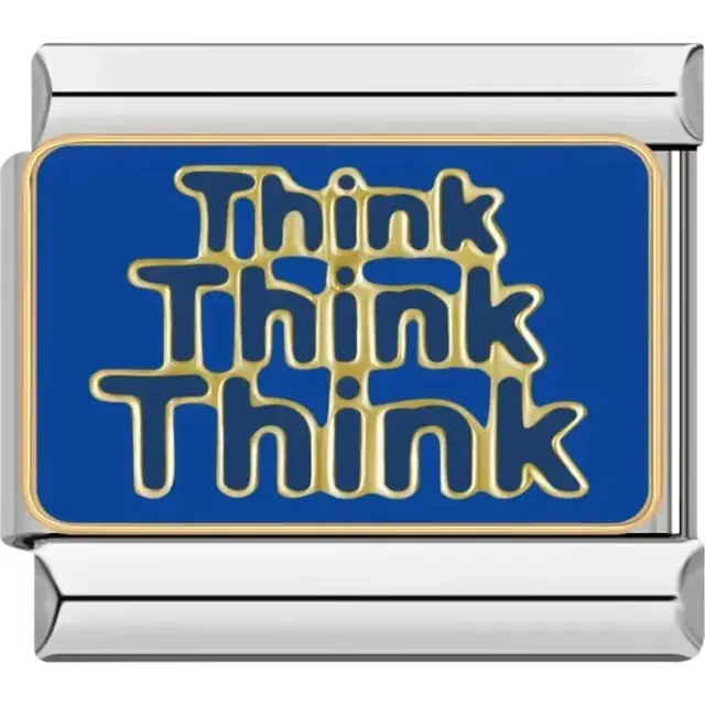 Blue charm with "Think Think Think" text in gold Italian charm bracelet link