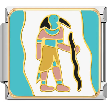 Thoth with ibis head holding a staff in gold, turquoise, and pink robes on a white and turquoise background inspired by ancient Egyptian mythology Italian charm bracelet link