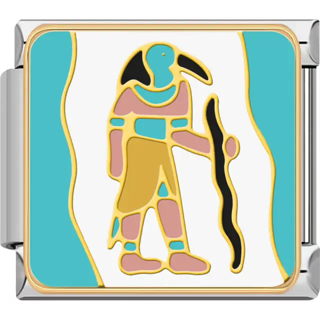 Thoth with ibis head holding a staff in gold, turquoise, and pink robes on a white and turquoise background inspired by ancient Egyptian mythology Italian charm bracelet link