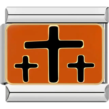 Black crosses on an orange background symbolizing the crucifixion Italian charm bracelet link