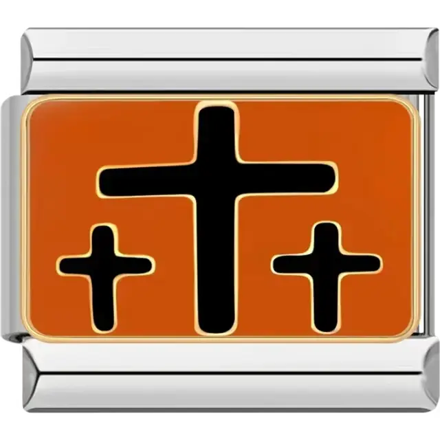 Black crosses on an orange background symbolizing the crucifixion Italian charm bracelet link